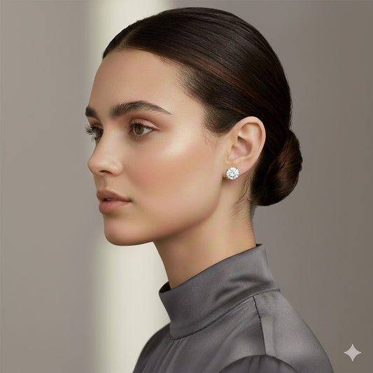 Round Three Prong Halo Earrings with Push Post