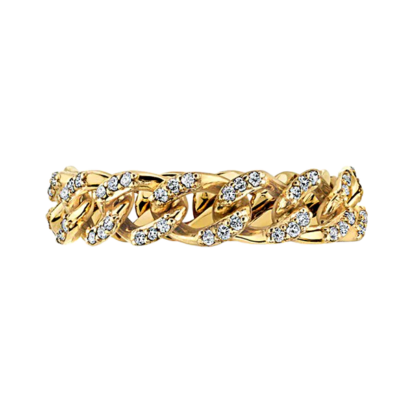 HomeChainsChain Rings14K Gold Chain Rings Classic Curb Chain Ring with Pave Set Natural Diamonds in 14K Yellow Gold (Sizes 5-10) (4.2 mm - 5.2 mm)