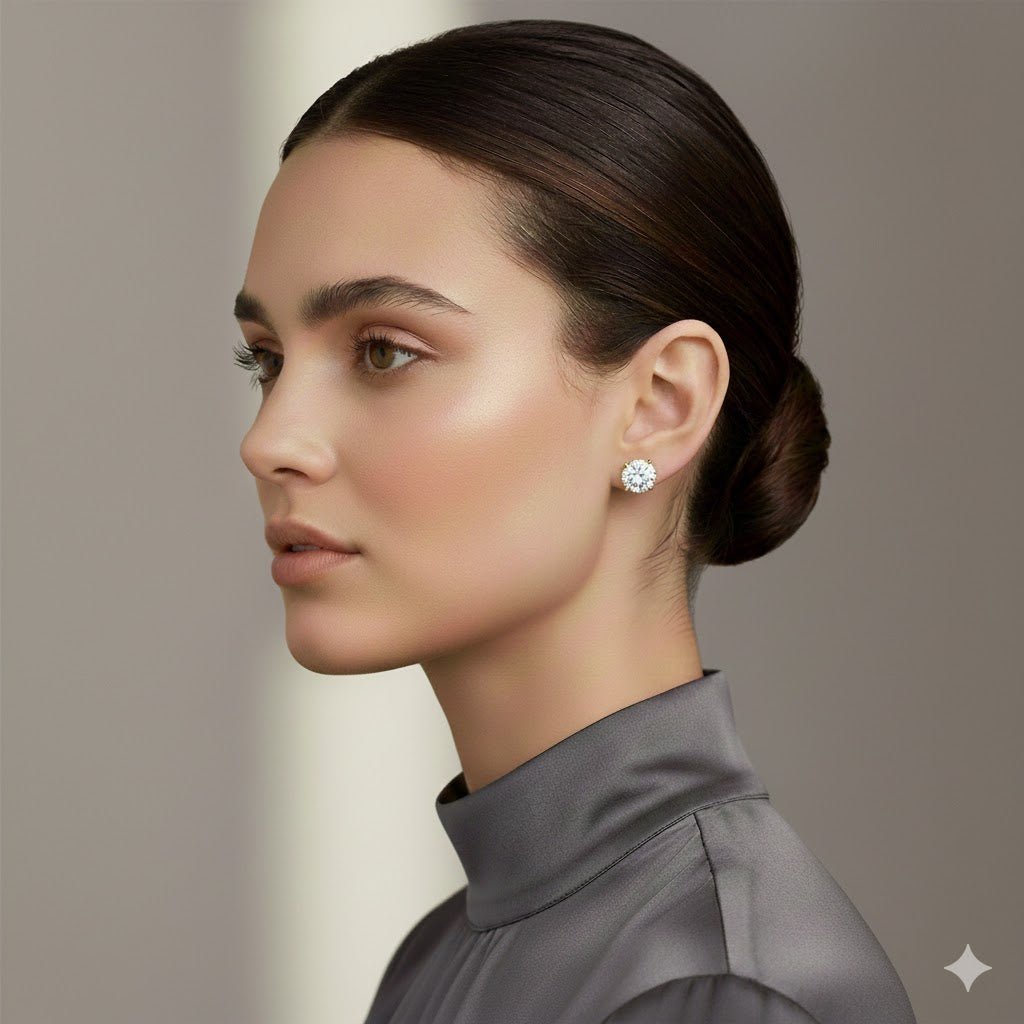 Round Three Prong Halo Earrings with Push Post