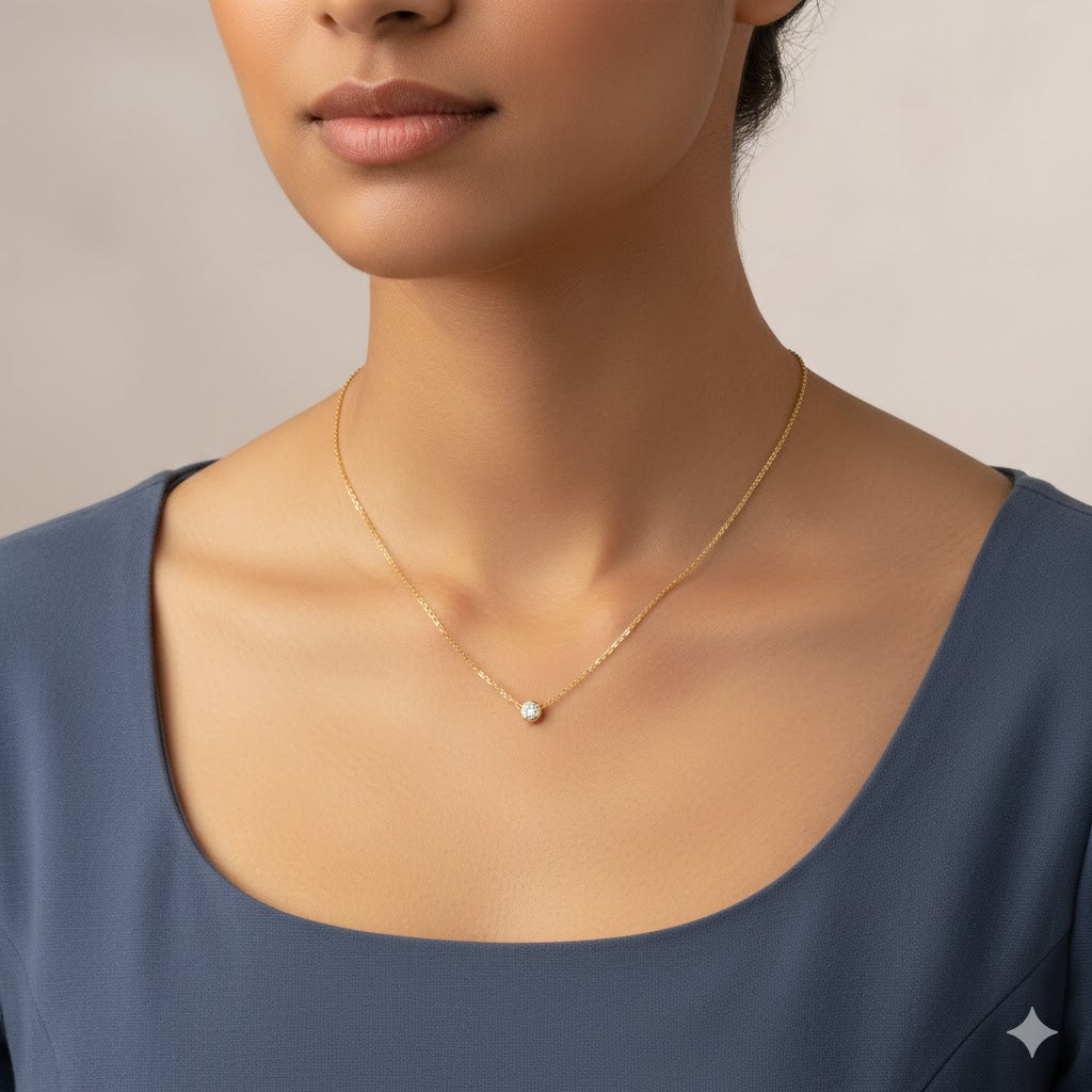 Diamond or Gemstone Round Bezel Charm in 14K Yellow Round Cable Necklace (16-18" Extension)